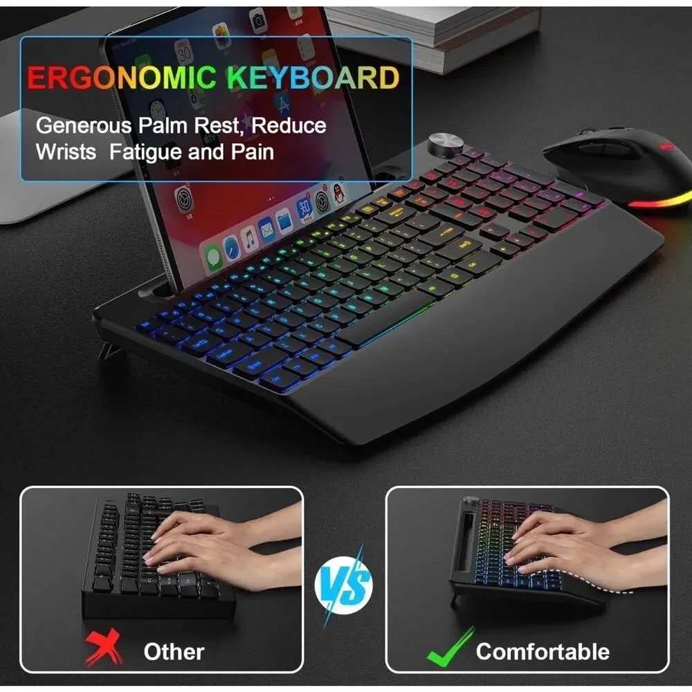 Bluefinger RGB Wireless Keyboard Mouse Combo Rechargeable Ergonomic NEW Open Box